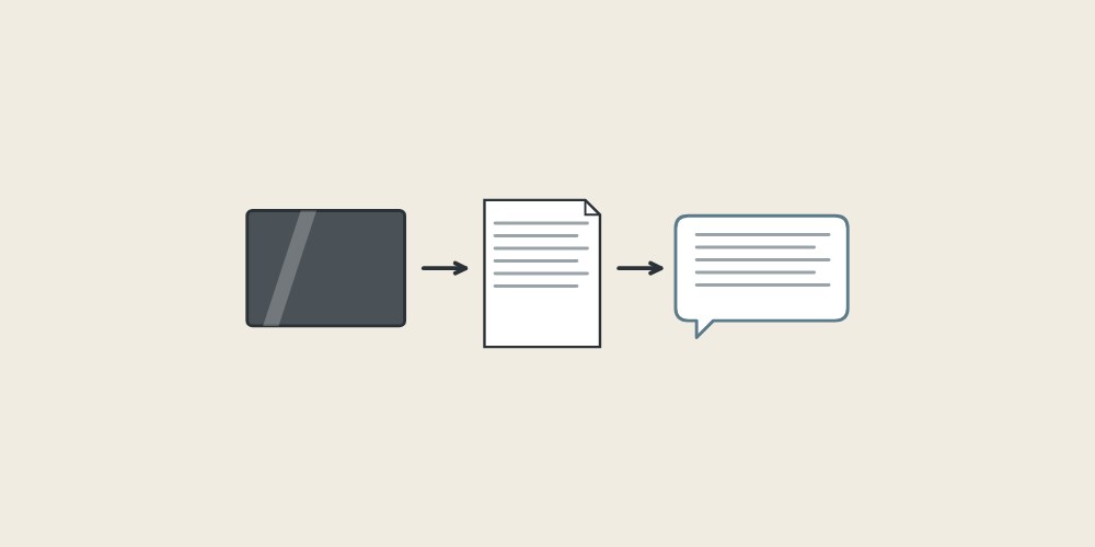 Illustration of a dark sample, a document and a message bubble linked by arrows