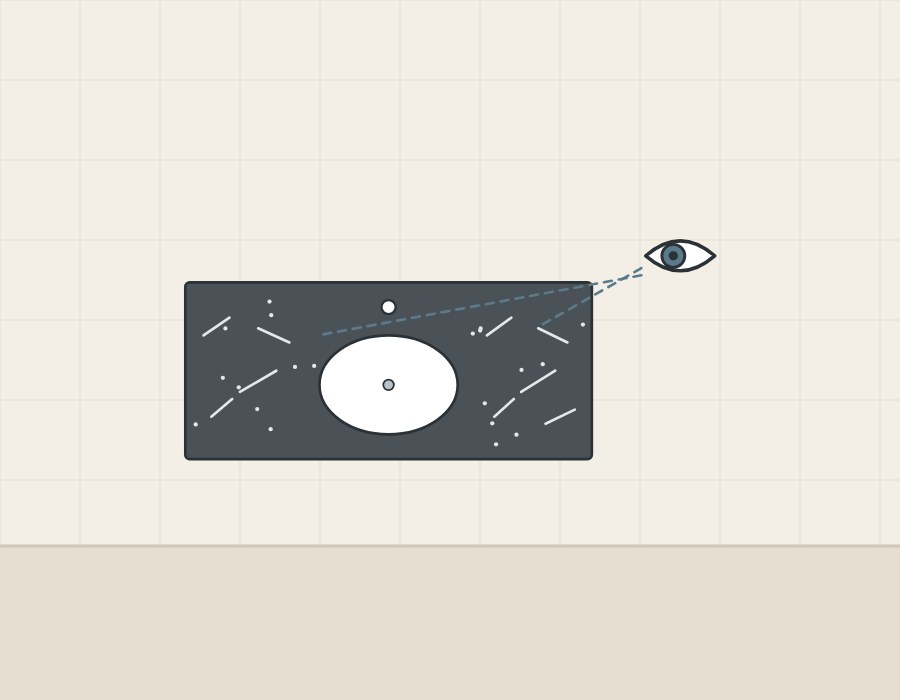 Illustration of a dark vanity top from above with a basin, fine marks and dust, and an eye looking at it