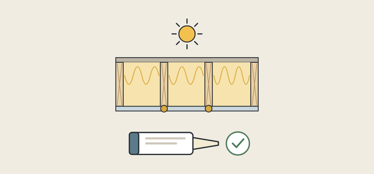 Illustration of a framed wall cut through from above with a sun on the outer side, every bay insulated, a rigid board with sealed joints on the room side, and a sealant cartridge with a tick below