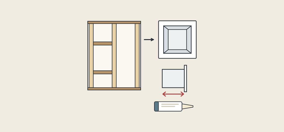 Illustration of braced wall framing, a niche box with a flange, the box from the side with a depth line and a sealant cartridge
