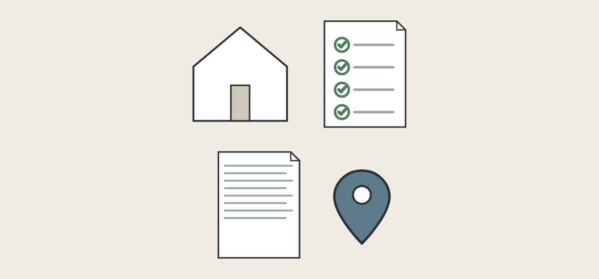 Illustration of a house, a ticked checklist document, a second document and a location pin