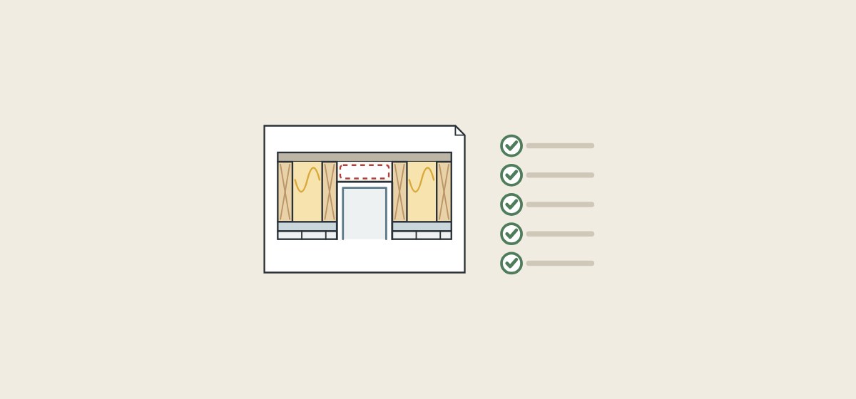 Illustration of a drawing sheet showing a wall section with a niche beside a checklist of five ticked lines