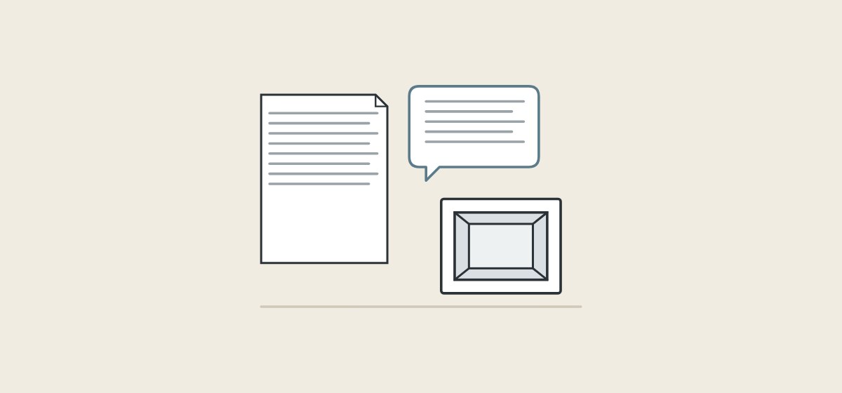 Illustration of a document, a message bubble and a niche box with a flange
