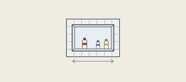 Illustration: a wide niche in a tiled wall holding three bottles, with a width line below