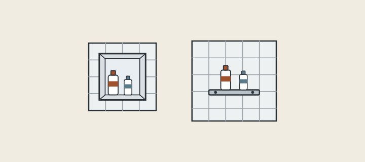 Illustration: a recessed niche beside a shelf fixed on the face of a tiled wall