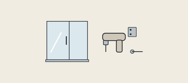 Illustration: a glass shower enclosure beside a drill, a hinge plate and a screw