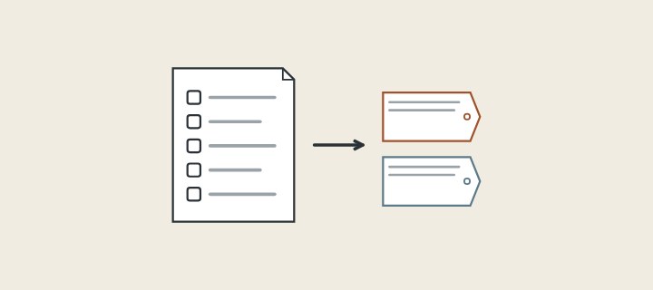 Illustration: a form with five fields and an arrow to two quotation tags