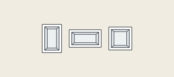 Illustration: three niche boxes with flanges in tall, wide and square formats