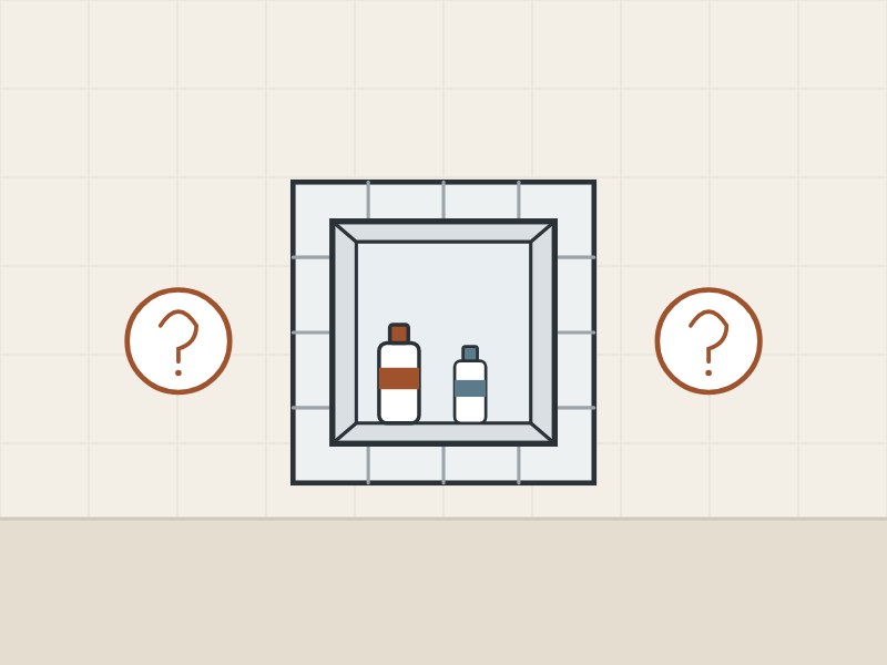 Illustration of a tiled niche holding two bottles between two question marks