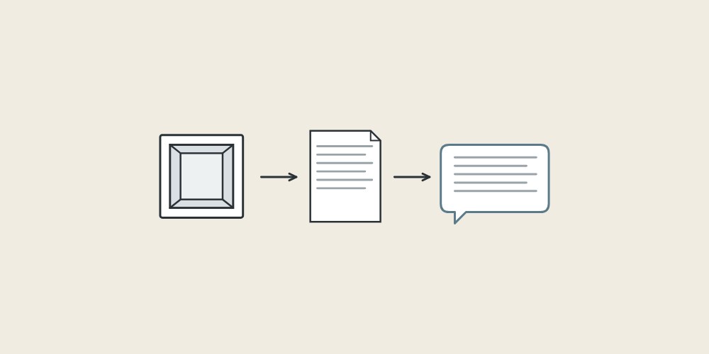 Illustration of a niche box, a document and a message bubble linked by arrows