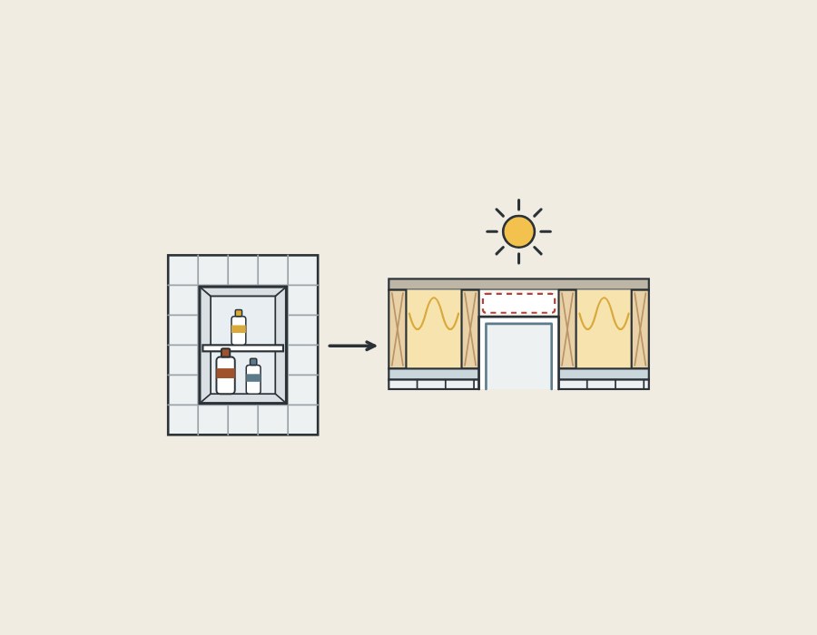 Illustration of a niche seen from the room beside the same wall cut through from above, with the niche between two studs and an open zone behind it