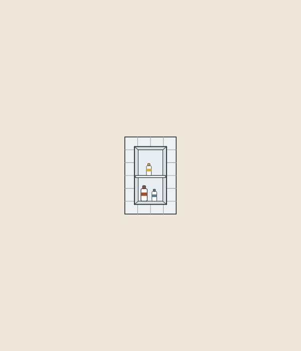 Illustration of a tiled shower wall with a rectangular recessed niche holding bottles
