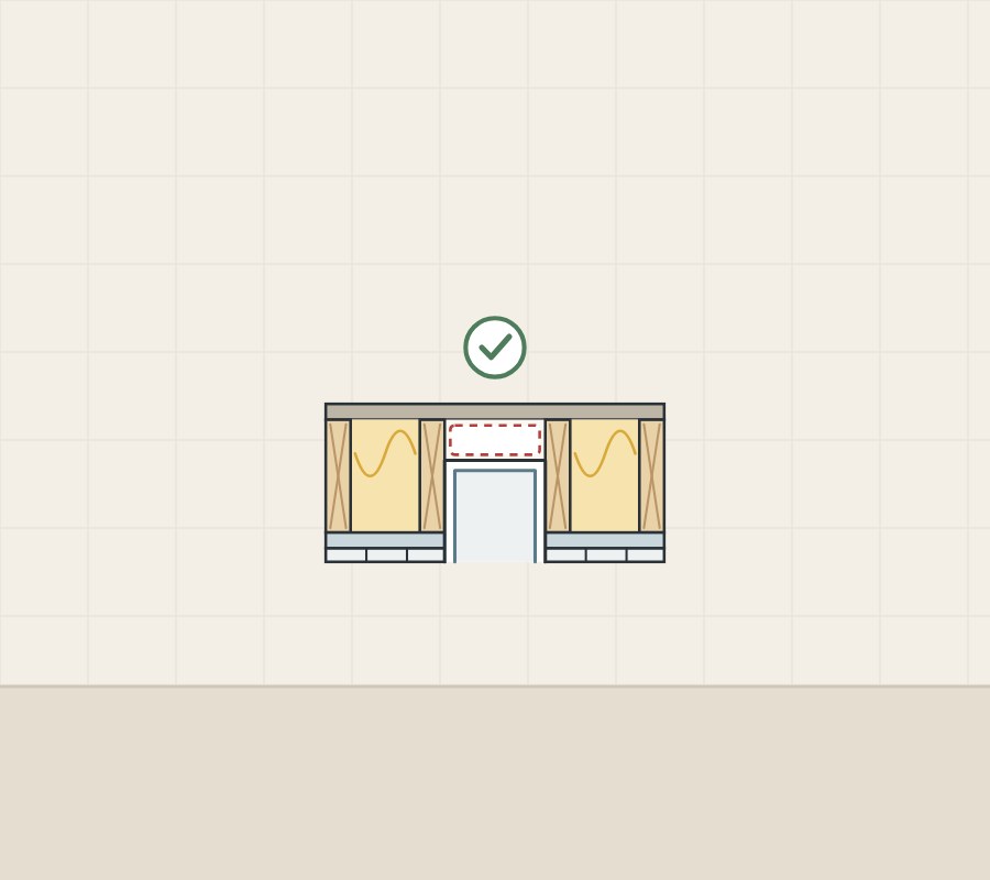 Illustration of a wall cut through from above with a niche between studs and a tick above