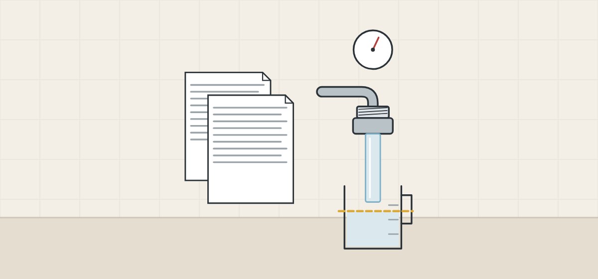 Illustration of two documents beside a spout filling a measuring jug with a limit line and a pressure gauge