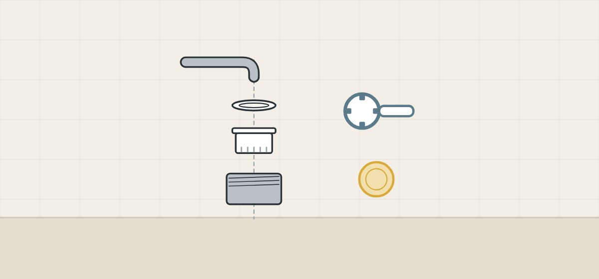 Illustration of a spout end with a washer, insert and threaded housing shown apart, beside a service key and a coin