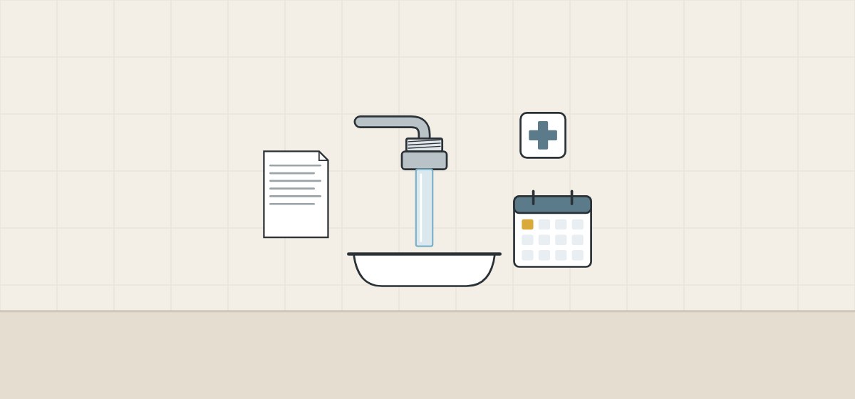 Illustration of a spout with a clear stream over a basin beside a medical cross sign, a calendar and a document