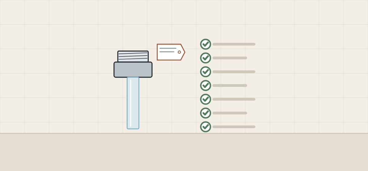 Illustration of a faucet outlet with a part tag beside a checklist of seven ticked lines