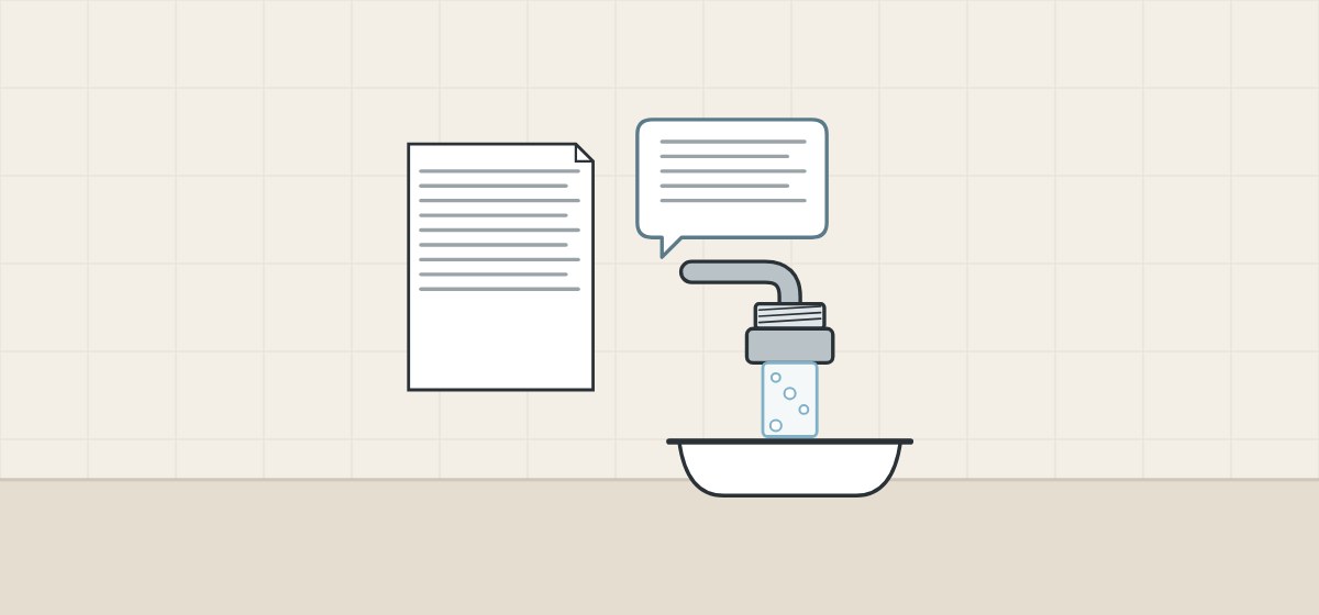 Illustration of a document, a message bubble and a spout with a stream over a basin