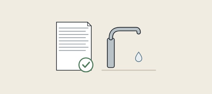 Illustration: a ticked document beside a faucet and a water drop