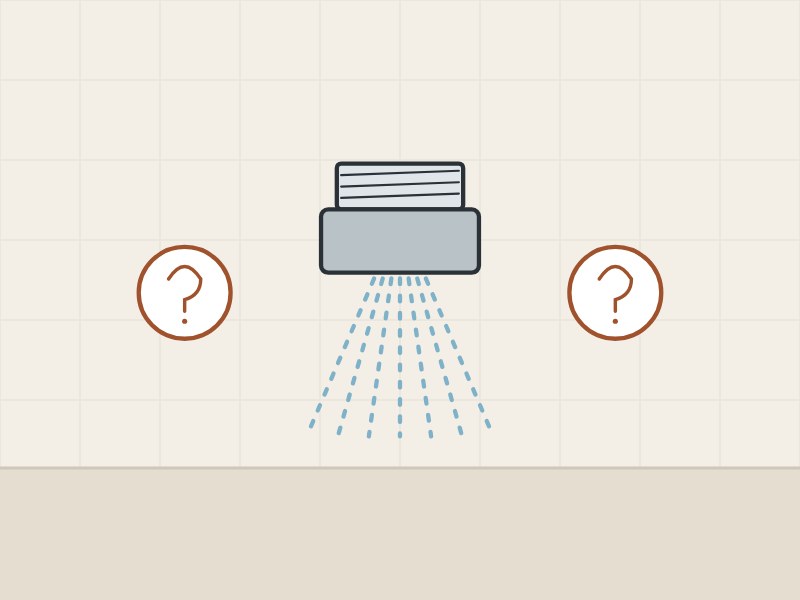 Illustration of a faucet outlet with a spray stream between two question marks