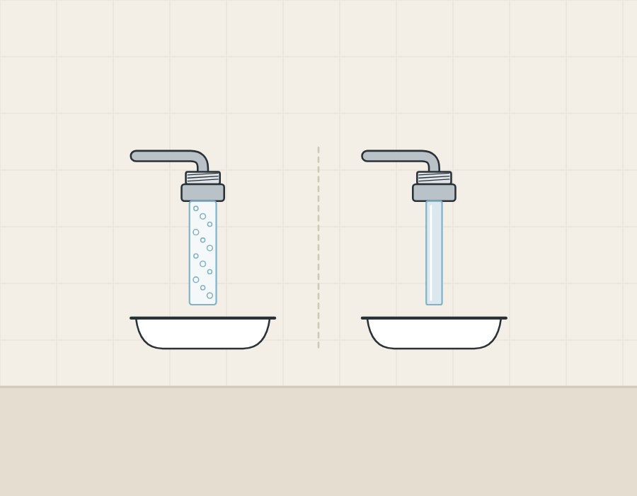 Illustration of two spouts over basins, one with a wide bubbly stream and one with a narrow clear stream