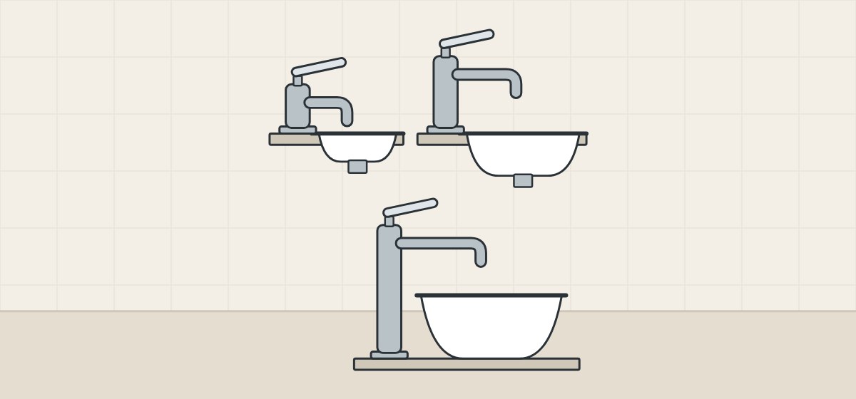 Illustration of a low faucet at a small basin, a standard faucet at a regular basin and a tall faucet at a vessel basin