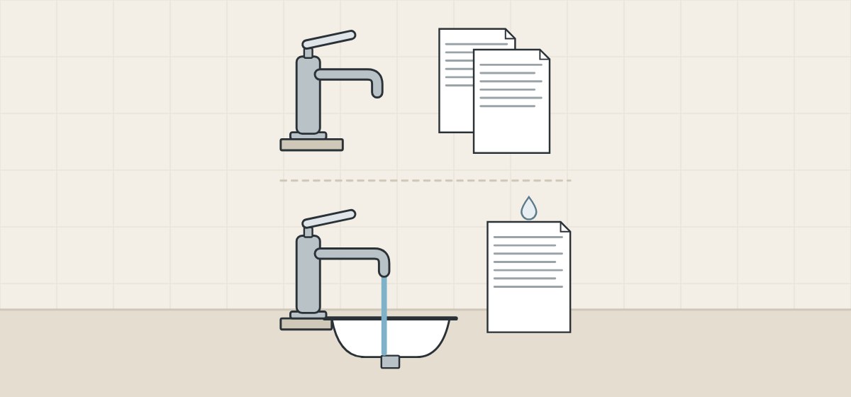 Illustration of a faucet alone beside two documents and a faucet with a basin beside one document marked with a drop