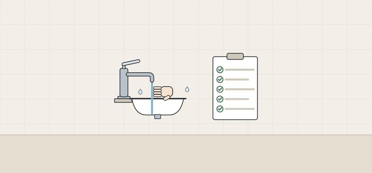 Illustration of a hand in the stream of a faucet running into a basin beside a clipboard with ticked lines
