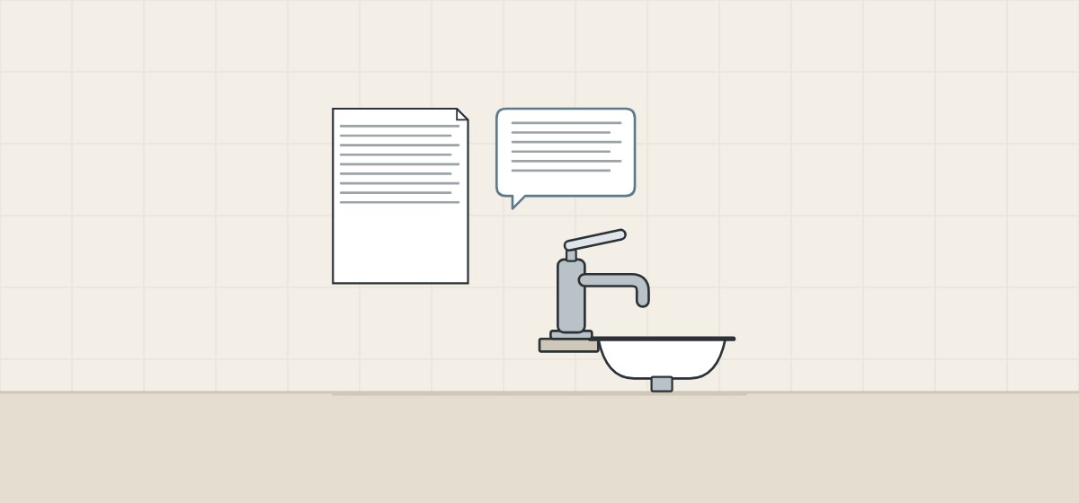 Illustration of a document, a message bubble and a faucet standing at a basin
