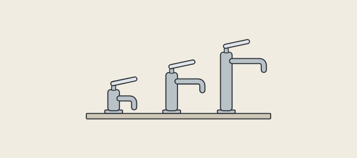 Illustration of three basin faucets of different heights standing on one countertop