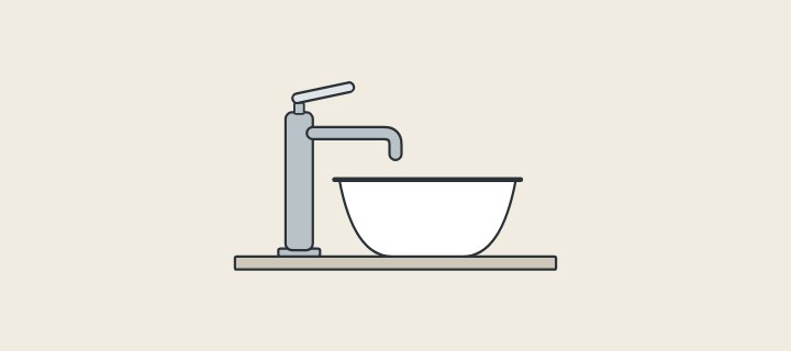 Illustration of a bowl-shaped sink standing on a countertop with a tall faucet reaching over its rim