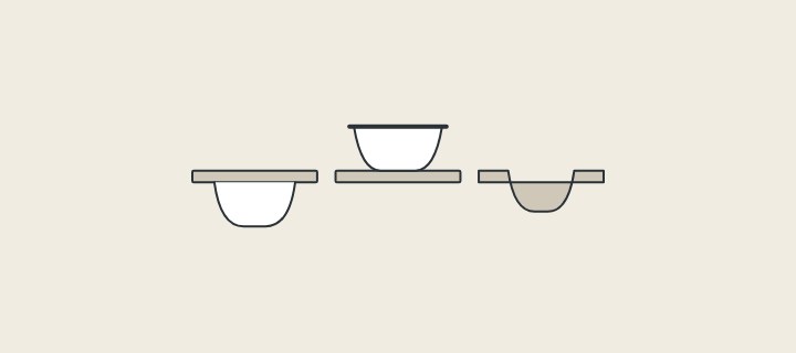 Illustration of three sinks in section, one hung under a countertop, one standing on a countertop and one formed in one piece with the top