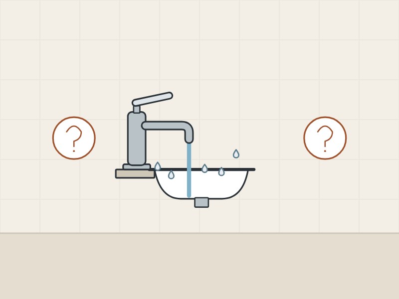 Illustration of a faucet running into a basin with drops, between two question marks