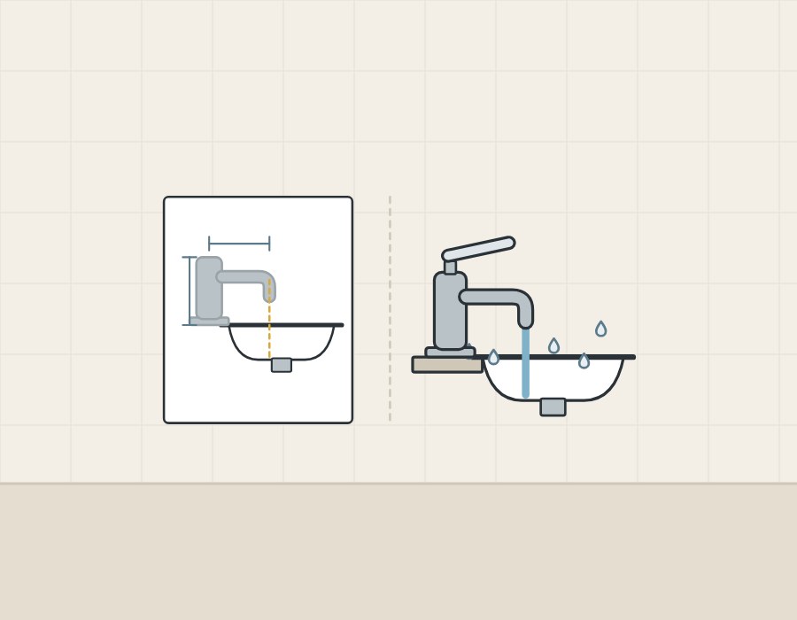 Illustration of a drawing sheet with a faucet and basin in outline beside the same pair with water running and drops leaving the basin