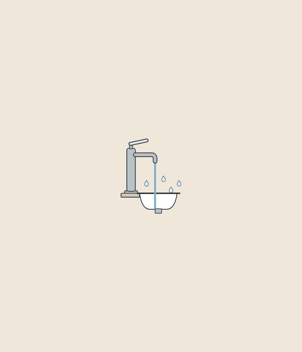 Illustration of a deck faucet running a stream into a basin with a few drops leaving the stream