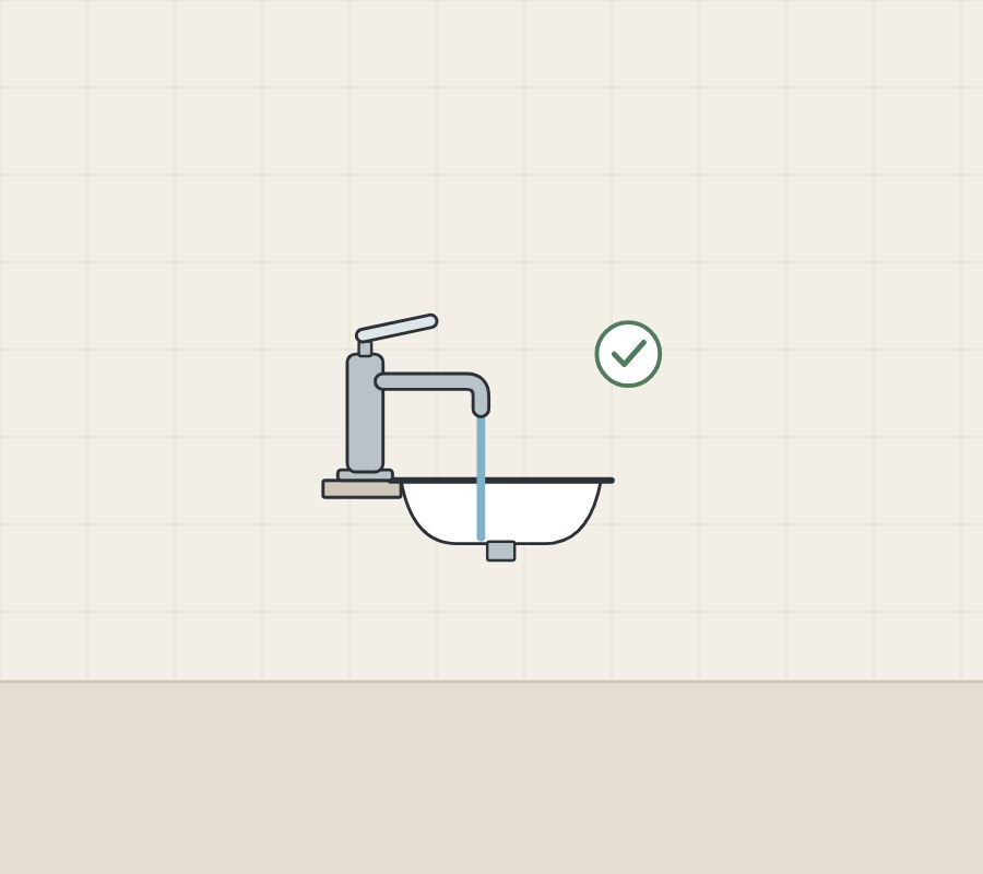 Illustration of a faucet running into a basin with no drops outside it, and a tick