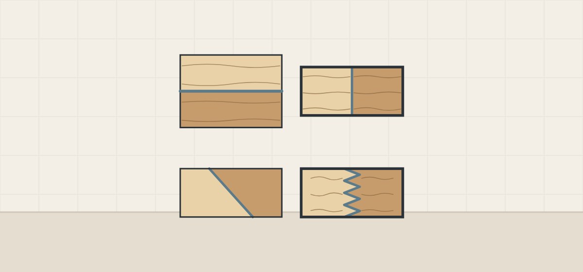 Illustration of four joints: boards joined along their edges, a straight end-to-end joint, a sloped joint and a finger joint