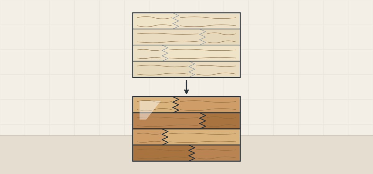 Illustration of one panel of finger-jointed strips drawn bare above and again under a clear finish below with stronger contrast between pieces