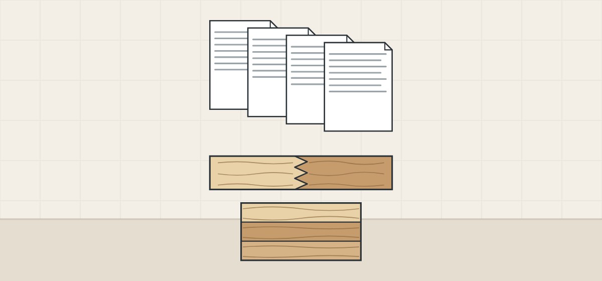 Illustration of four standard documents above a finger-jointed length and an edge-glued panel