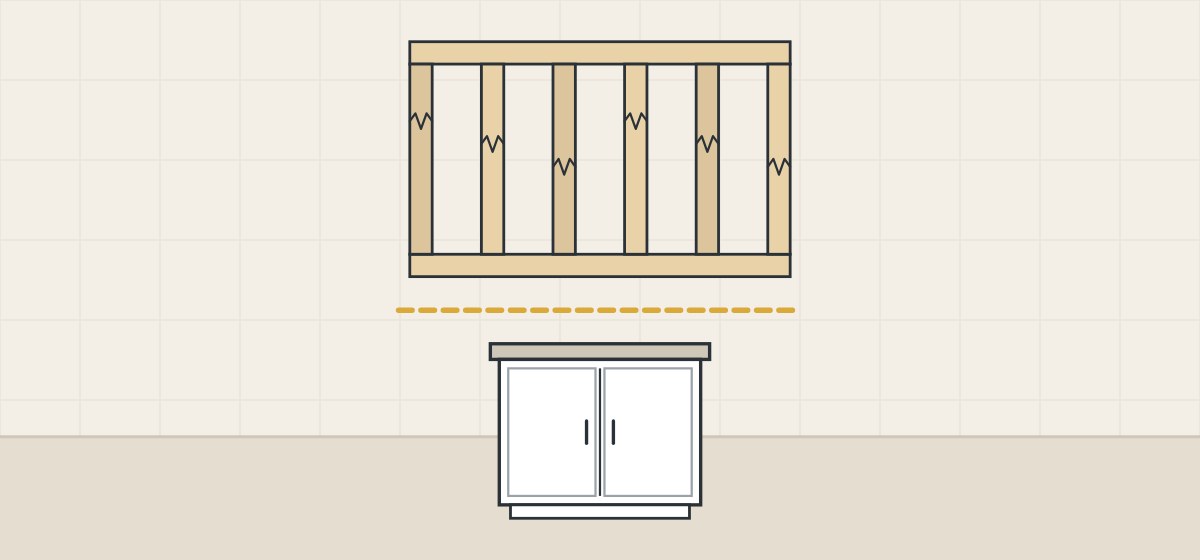 Illustration of a framed wall of finger-jointed studs above a cabinet, separated by a dashed line