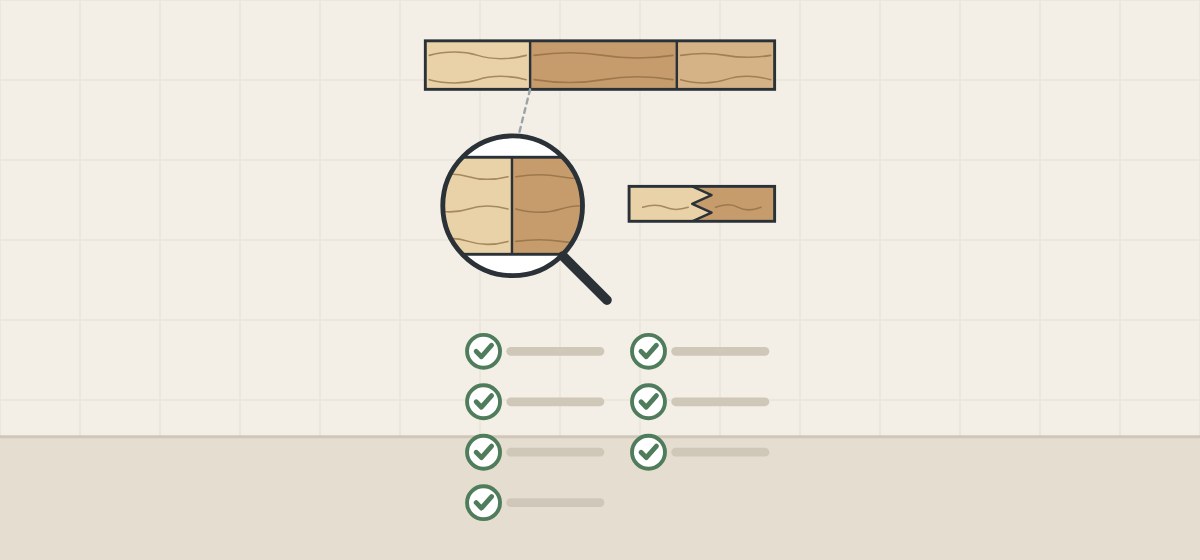 Illustration of a full-length part, a magnified face close-up and the matching edge with fingers beside a checked checklist