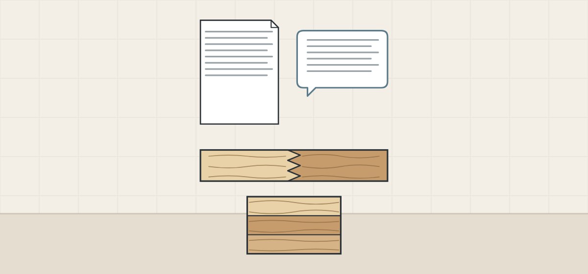 Illustration of a document, a message bubble, a finger-jointed length and an edge-glued panel