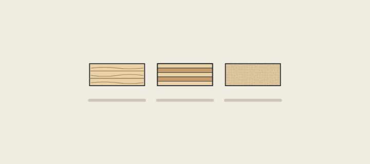Illustration: three board edges: one with grain lines, one in layers and one with a fine even texture
