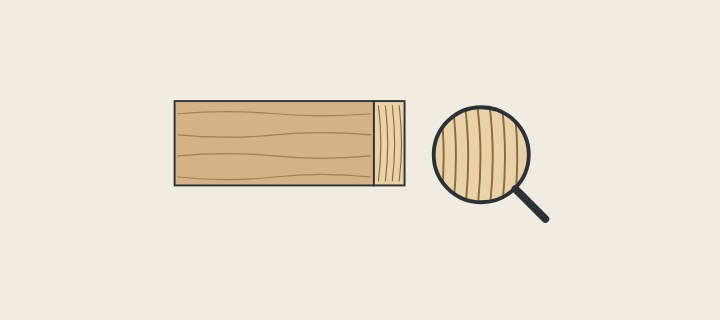 Illustration: a board with its end grain showing beside a magnifier over grain lines
