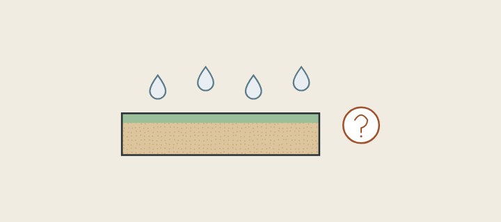 Illustration: a fiberboard edge with a green face layer, water droplets above it and a question mark