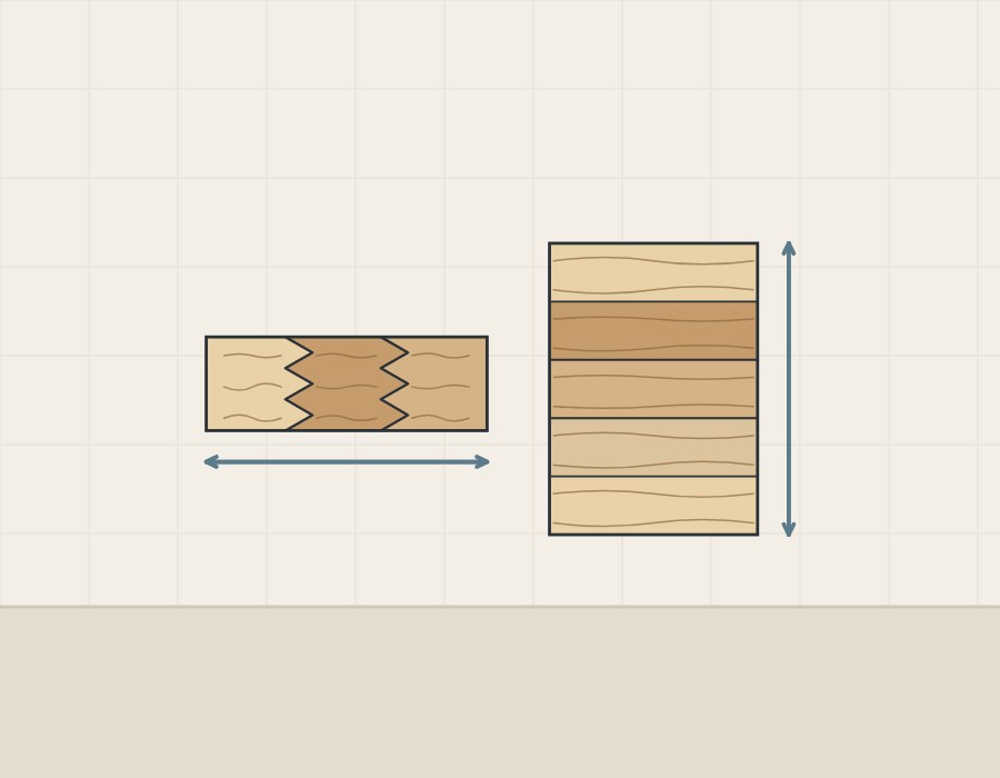 Illustration of a length of wood with two finger joints beside a panel of five strips glued edge to edge, with arrows for length and width