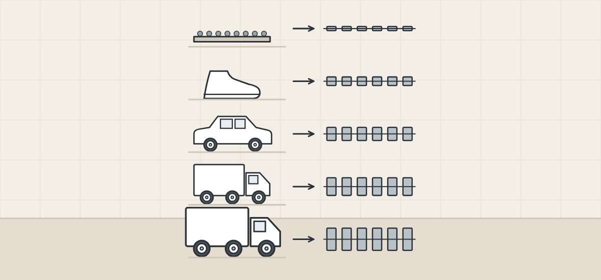 Illustration of five rows from a flat roof and a shoe to a car, a truck and a larger truck, each beside a grate with thicker bars