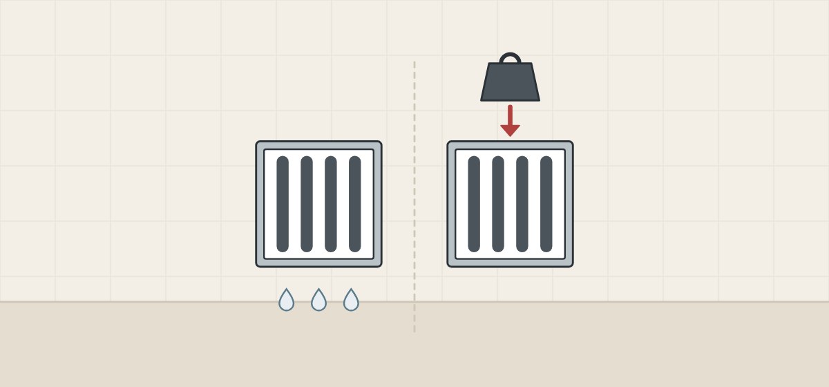 Illustration of the same slotted grate drawn twice, once with water drops below it and once with a test weight and arrow above it