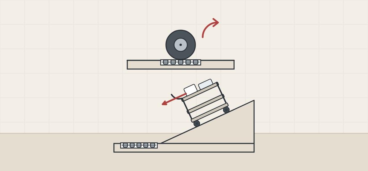 Illustration of a wheel turning on a drain grate above a trolley rolling down a ramp towards a drain