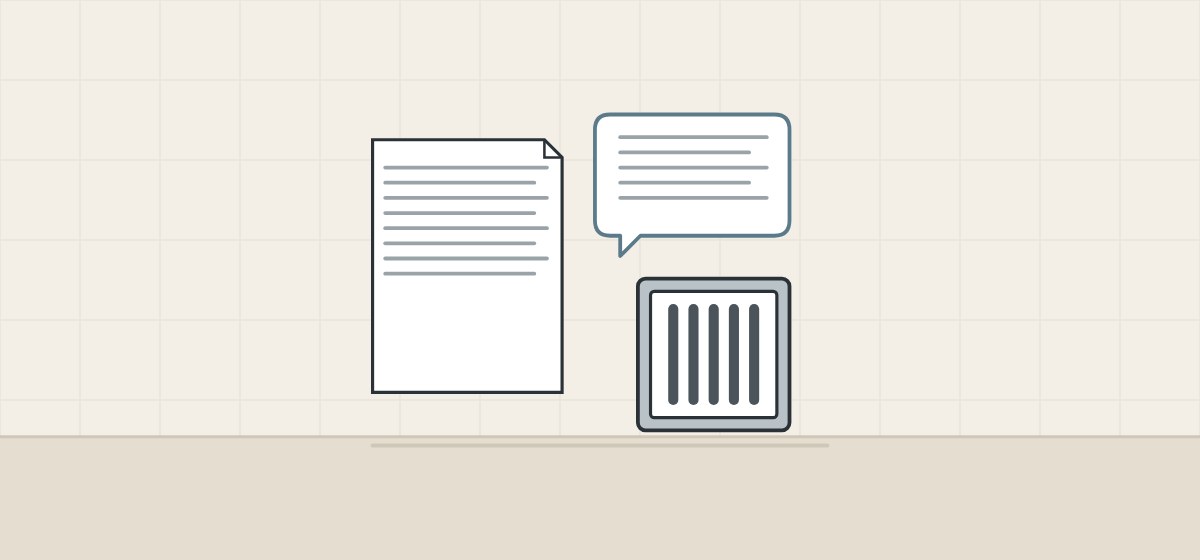Illustration of a document, a message bubble and a square drain grate